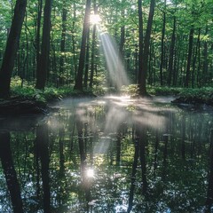Obraz premium Sunlight streaming through trees over a misty forest pond in early morning