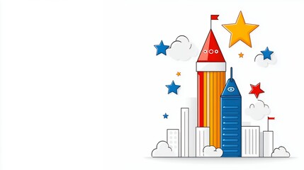 Colorful illustration of pencil rocket launching from a city skyline, featuring geometric shapes and playful elements.