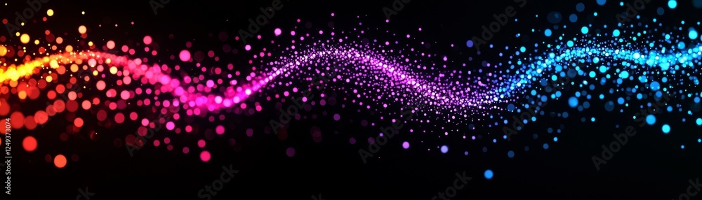 Poster a vibrant, colorful wave of light particles flows across a black background, creating a dynamic and 