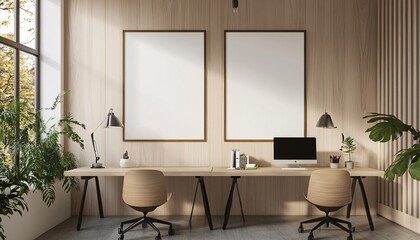 Photorealistic poster frame displayed on an accent wall showcasing a modern interior design concept featuring a stylish frame mockup.