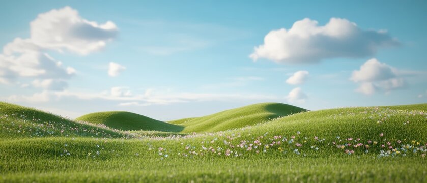 Serene meadow with rolling green hills and blossoms under blue sky