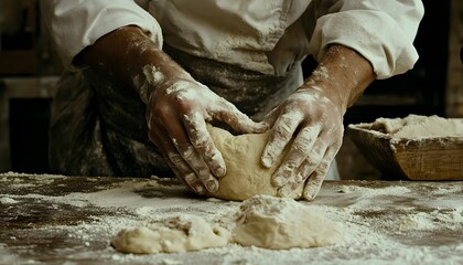 Skilled Baker Kneading Fresh Dough on Wooden Table Surrounded by Flour in Rustic Kitchen Setting, Capturing the Art of Traditional Baking Techniques and Process