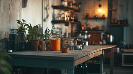 Rustic kitchen with utensils and warm lighting