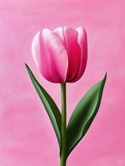 Beautiful Pink Tulip on Soft Background - A stunning pink tulip with green leaves set against a soft pink background. Perfect for floral decor or nature themes.