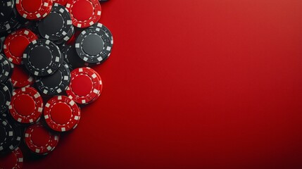 Colorful poker chips scattered on a red background in a gaming atmosphere