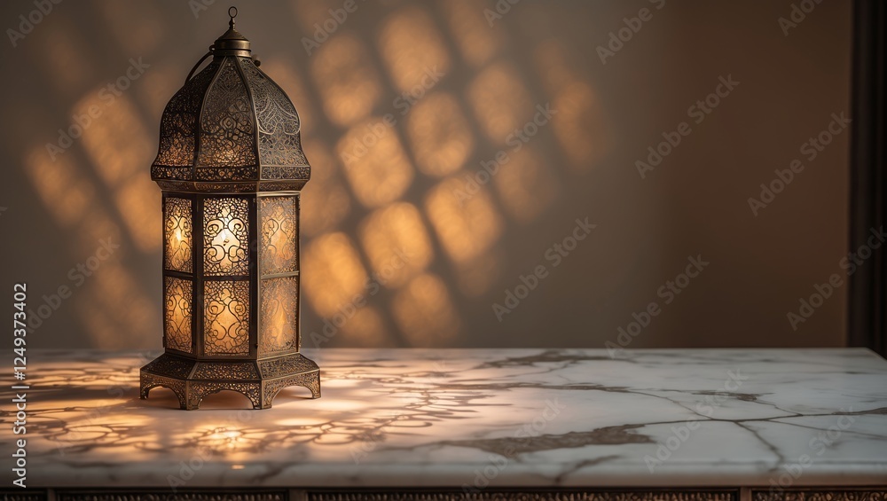 Aufkleber light filters through ornate lantern casting intricate shadows on a marble tabletop in an elegant se