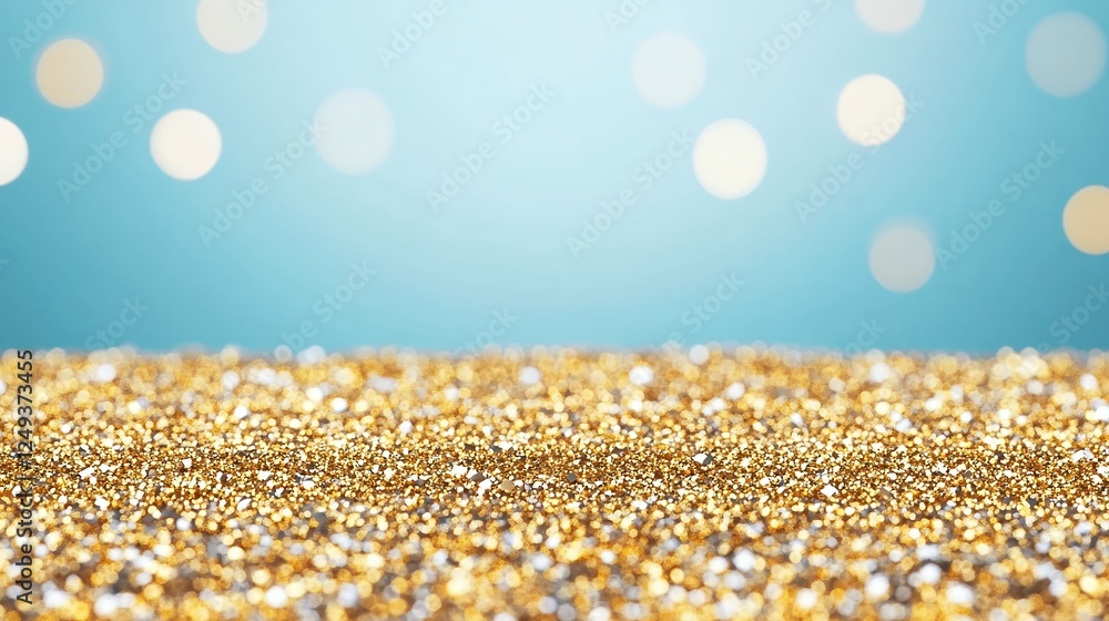 Poster golden glitter sparkles on a soft teal background with bokeh lights, creating a festive and glamorou