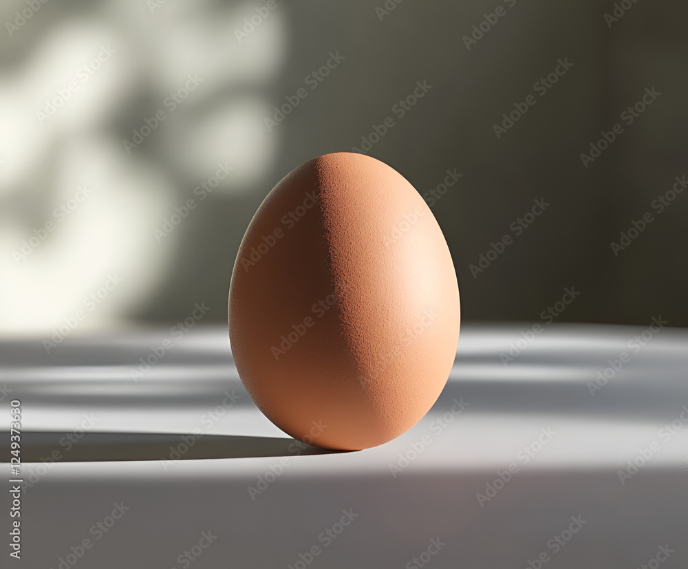 Poster egg on table: a single, perfectly formed brown egg rests on a surface, subtly illuminated by dappled