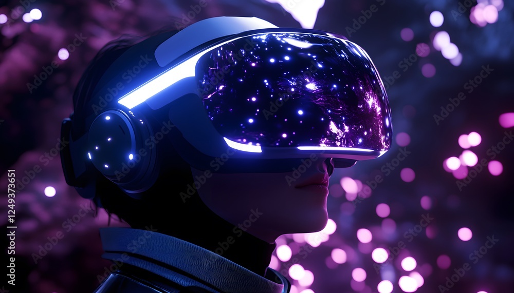 Leinwandbilder futuristic person with high-tech visor engaged in virtual reality experience surrounded by cosmic el