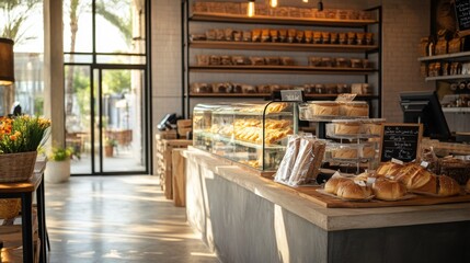 Cozy bakery shop with warm lighting