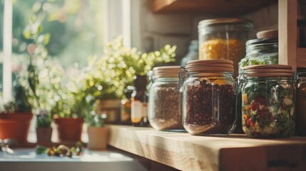 Rustic kitchen with glass jars and herbs