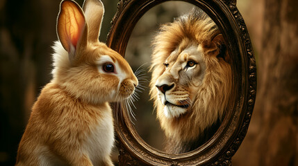 Rabbit Reflecting Lion: A whimsical image showcasing a curious rabbit gazing into an ornate mirror, only to see the majestic reflection of a powerful lion. © Joesunt