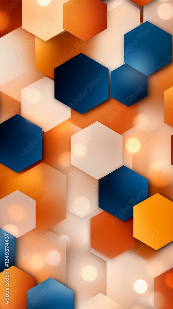 Poster abstract geometric pattern with layered hexagons in orange, blue, and white colors, creating a vibra