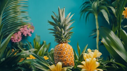Pineapple with lush tropical foliage
