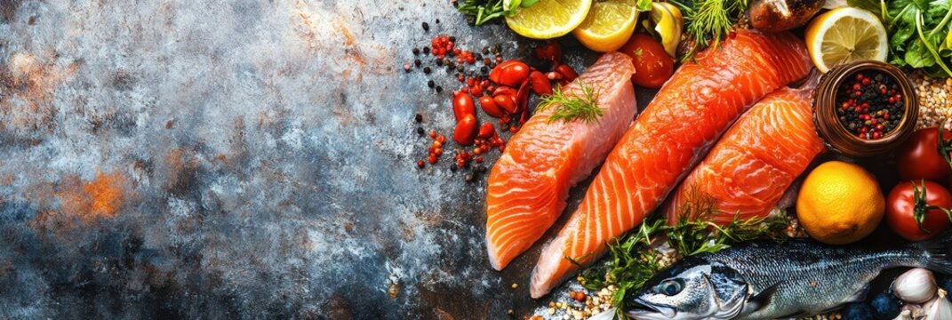Fresh seafood and vibrant ingredients displayed for advertising layout design