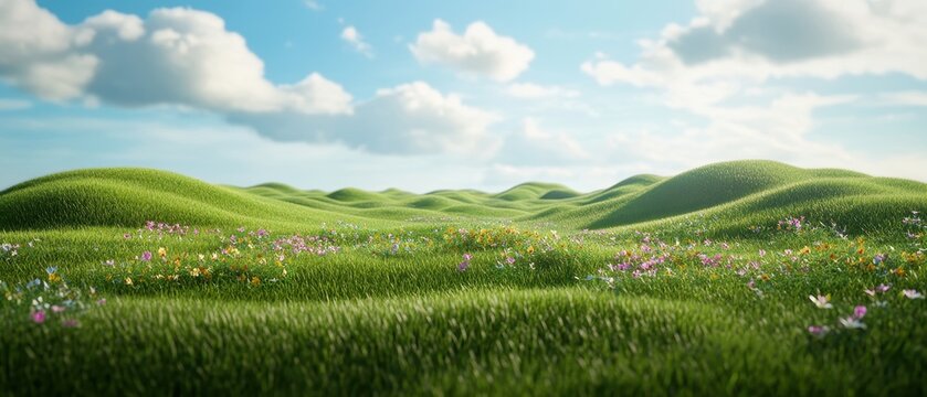 Serene meadow with rolling green hills under blue sky