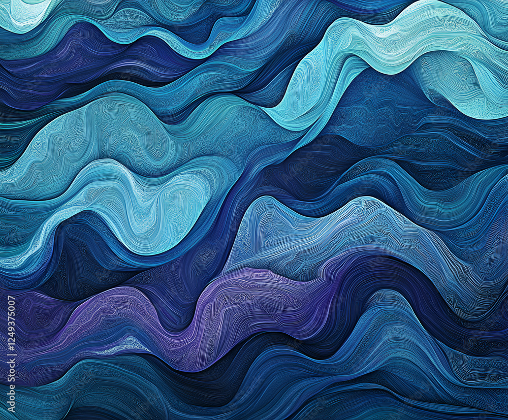Poster abstract blue waves: an abstract digital artwork featuring a mesmerizing pattern of flowing, undulat