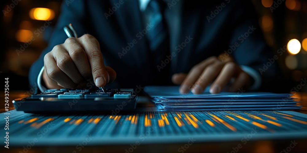 Aufkleber business professional analyzing financial reports while using a calculator in an office setting duri
