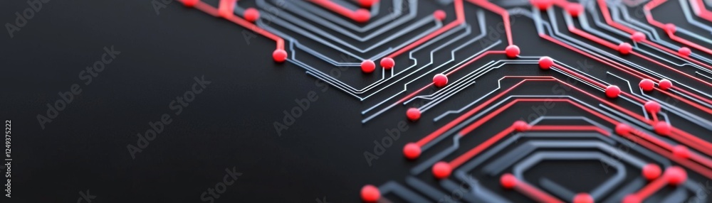 Poster a close-up view of a circuit board featuring intricate lines and red dots on a dark background, show