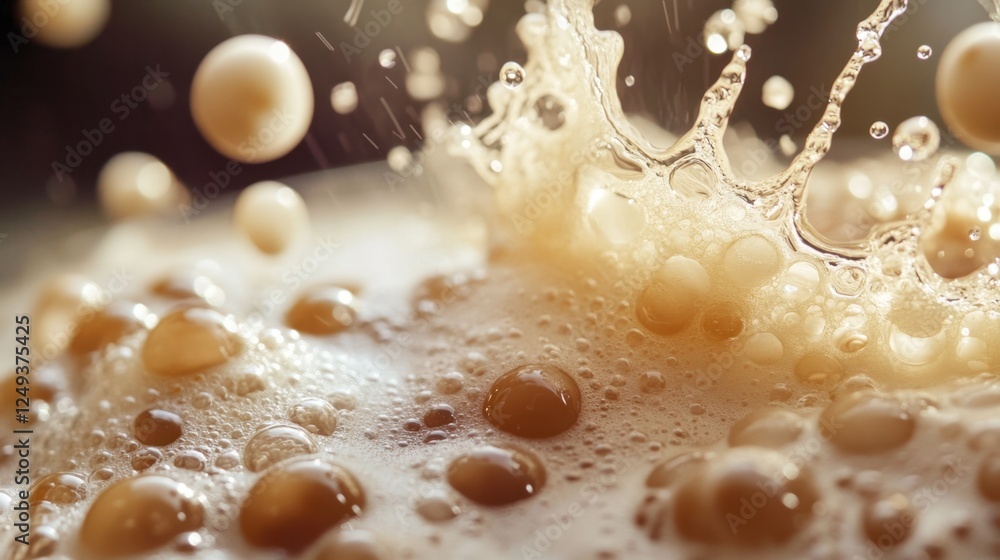 Poster close-up of bubbles and foam in liquid splashing in soft light