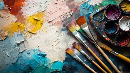 Fototapeta premium Artist's palette with colorful paints and brushes