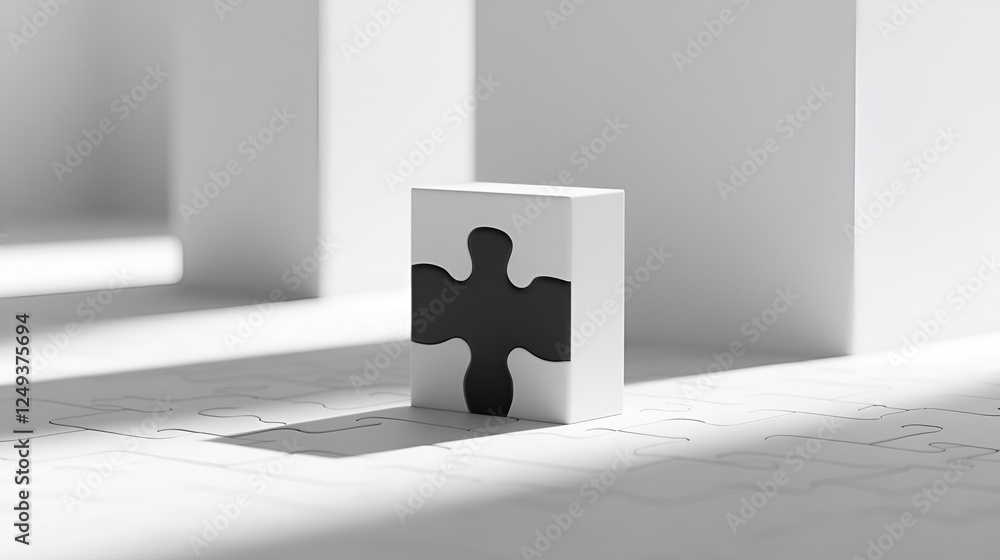 Poster puzzle piece minimalism: a single, dark jigsaw puzzle piece nestled within a pristine white cube, ba