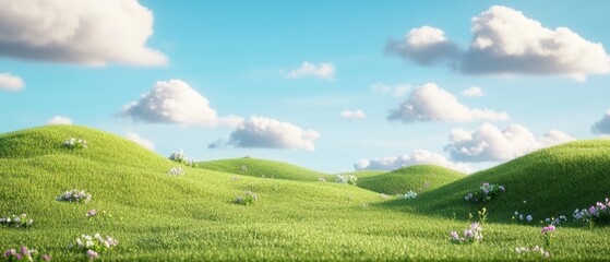Serene meadow landscape with rolling green hills and fluffy clouds