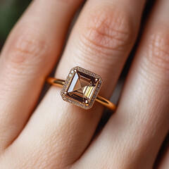 Fototapeta premium A close-up of a delicate gold ring featuring a square-cut gemstone with a halo of small diamonds, worn on a woman's finger