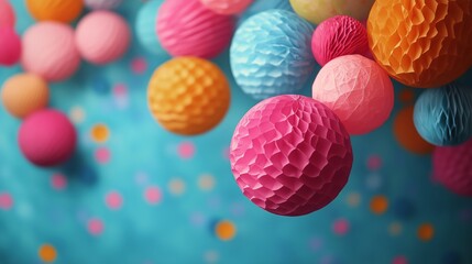 Colorful paper balls hanging against a bright blue background creating a festive and cheerful atmosphere