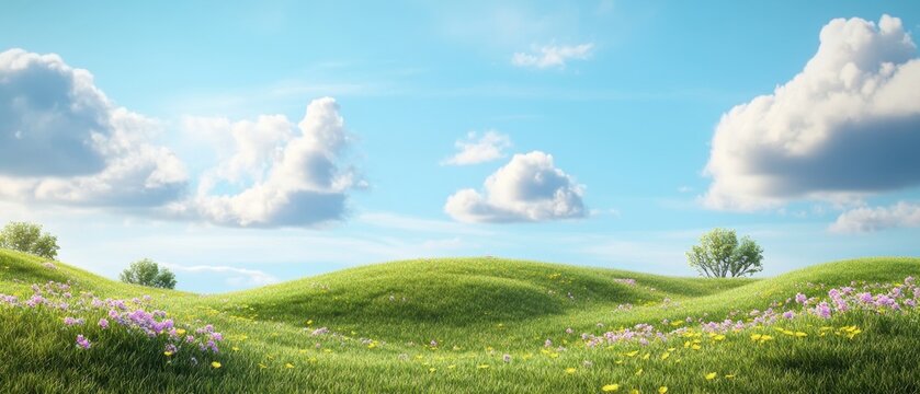 Serene meadow landscape with rolling green hills under a blue sky