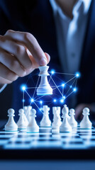 businessman playing chess on digital board with holographic elements, showcasing strategy and innovation