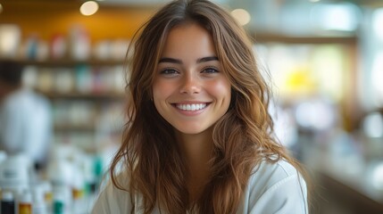 Young woman smiling brightly in a modern cafe during daytime with a vibrant atmosphere