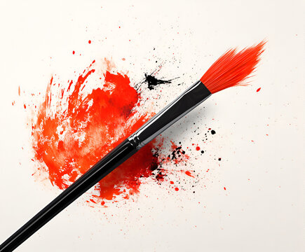 Crimson Brushstrokes: A vibrant, red paintbrush rests on a fresh canvas, surrounded by a bold splash of crimson paint, evoking a sense of creativity, energy, and the artistic process.