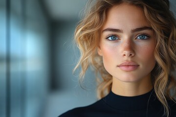 Fototapeta premium Stunning portrait of young woman with curly hair and bright blue eyes indoors