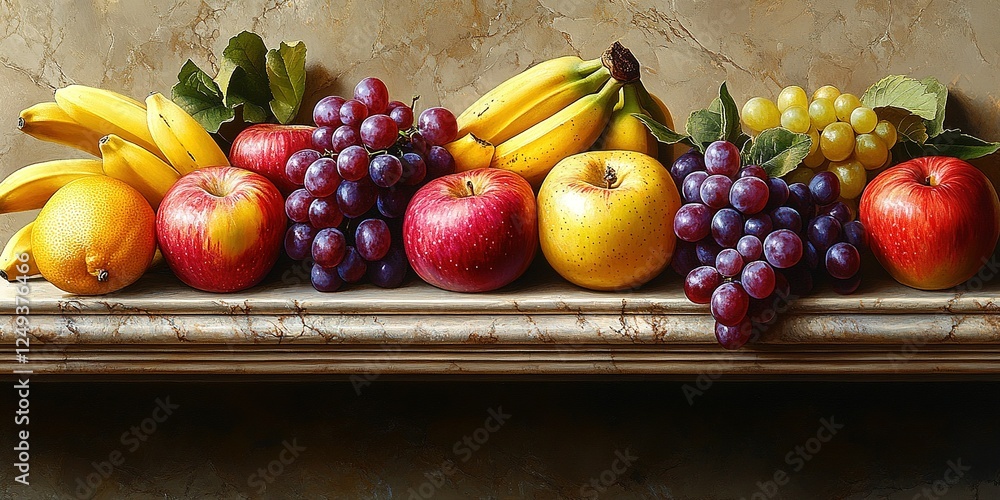 Poster fresh assortment of colorful fruits displayed on a marble surface in a well-lit setting