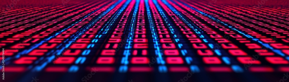 Poster a vibrant digital landscape with rows of glowing blue and red numbers, resembling a futuristic data 