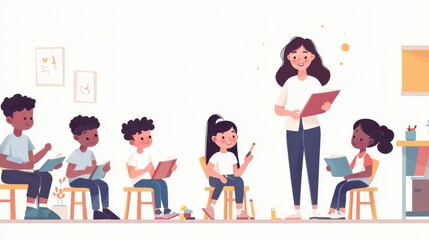 Teacher instructing a diverse group of children in a colorful classroom setting with educational materials