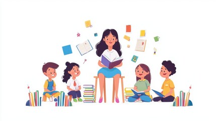 Fototapeta premium Woman reading a book to children in a classroom setting engaging in storytelling activities
