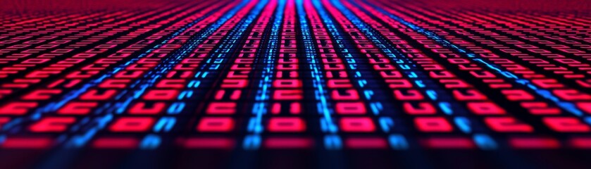 A vibrant digital landscape with rows of glowing blue and red numbers, resembling a futuristic data stream or matrix.