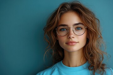 Fototapeta premium Young woman with glasses poses against a blue backdrop promoting a stylish new look