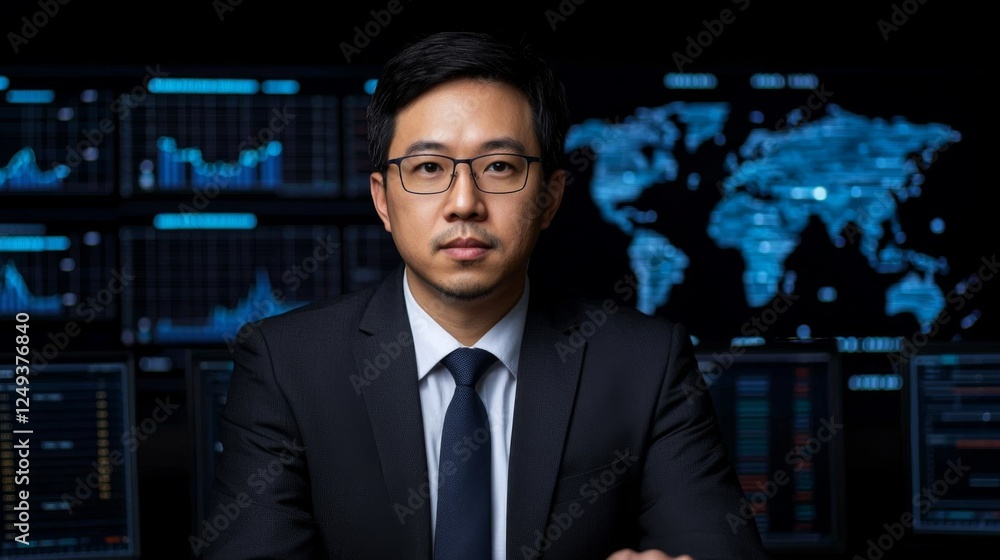 Poster a professional man in a suit sits confidently in front of digital screens displaying data and a worl