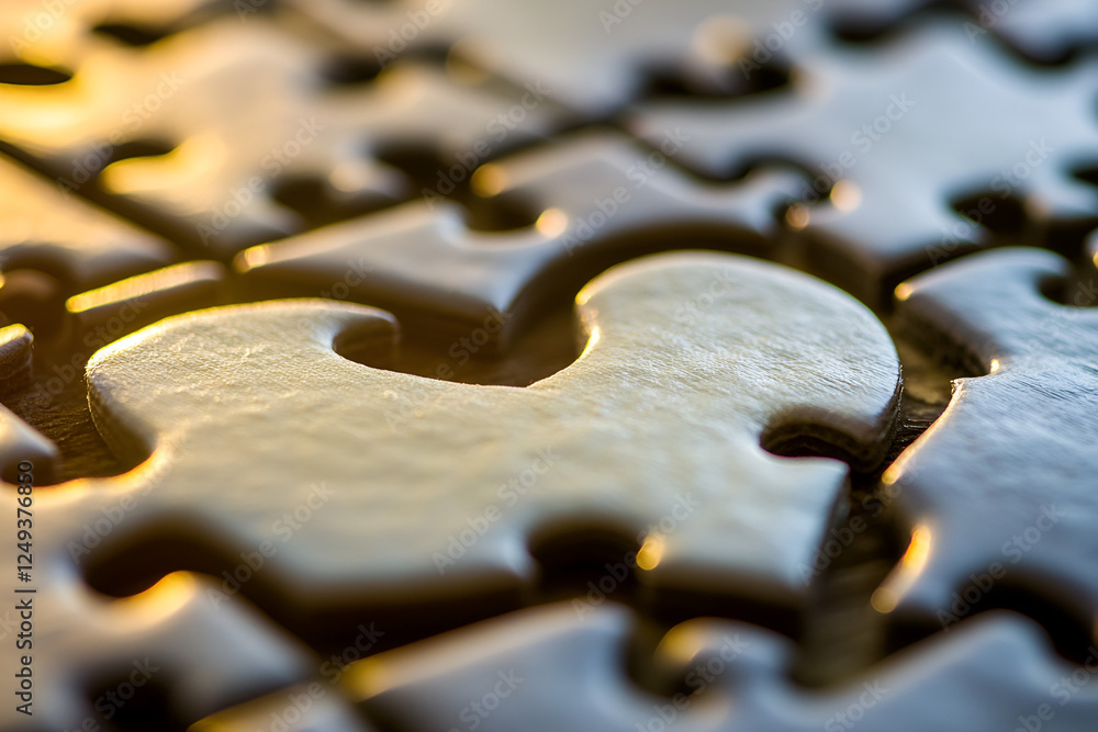Poster puzzle piece close-up: intricate detail of interlocking jigsaw puzzle pieces, bathed in warm light, 