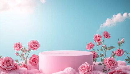 Pink Podium with Roses on Sides and Sky Background in Pastel Tones for Minimalist Product Display Mockup and E-Commerce Banner Design. Generative Ai