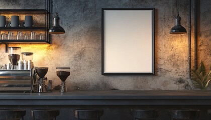 Photo-realistic poster frame mockup displayed on a coffee shop wall showcasing the concept of customized art presentation in a modern setting.