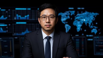 Fototapeta premium A professional man in a suit sits confidently in front of digital screens displaying data and a world map, suggesting a focus on analytics or finance.