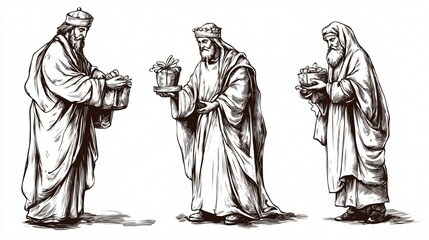 Fototapeta premium A vector illustration of the Three Wise Men bringing gifts to baby Jesus, symbolizing the Epiphany.