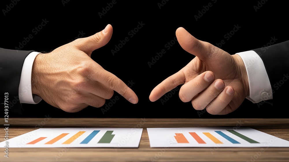 Poster two hands point towards each other over papers with colorful graphs, suggesting a discussion or nego