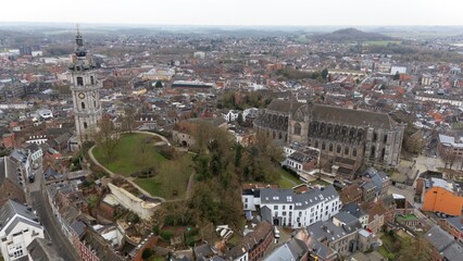 Aerial View of Mons Belfry and Saint Waltrude Church 