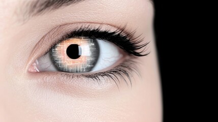 Obraz premium A close-up of a human eye with a futuristic design, featuring intricate patterns and a glowing orange iris, against a dark background.