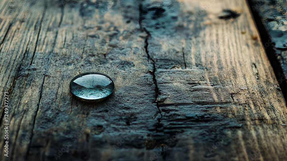 Poster glass orb on rustic wood: a single, translucent glass orb rests on a textured, rustic wooden surface